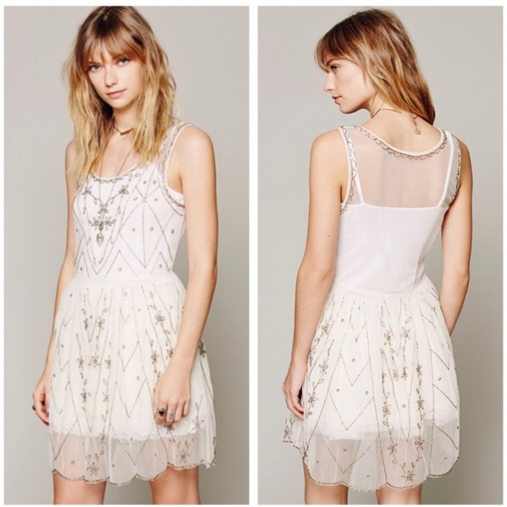 Free People Cream and Gold Starry Night Embellished Mini Dress
